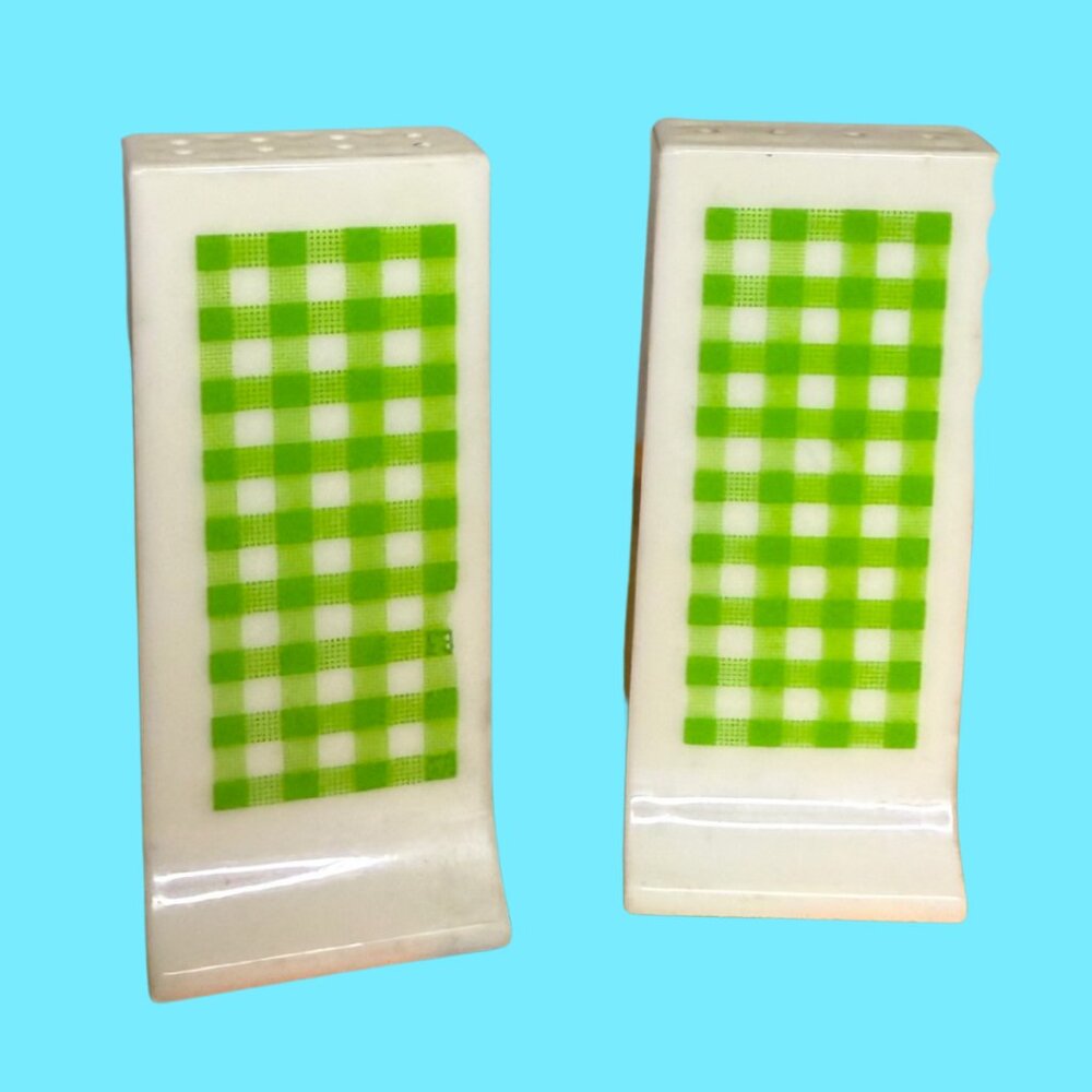 Vintage Salt & Pepper Shakers Fesco Green White Plaid